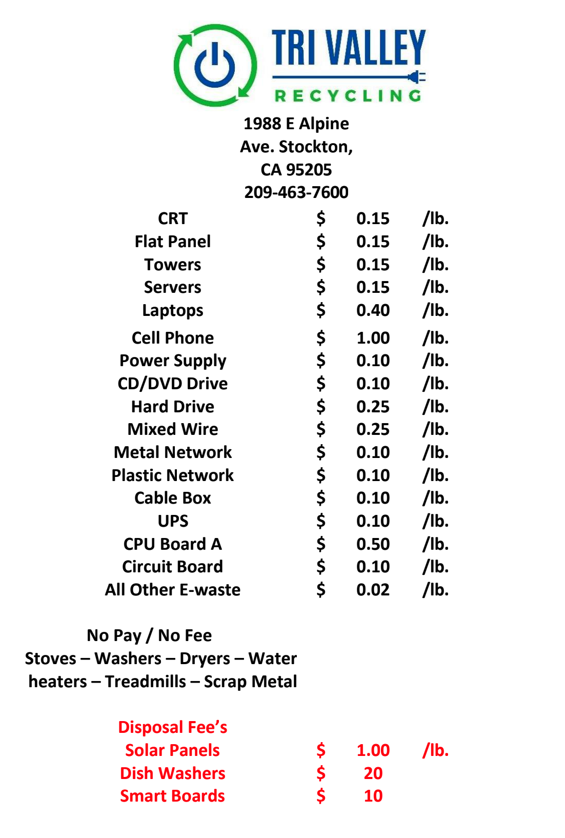 2024 Price List Tri Valley Recycling